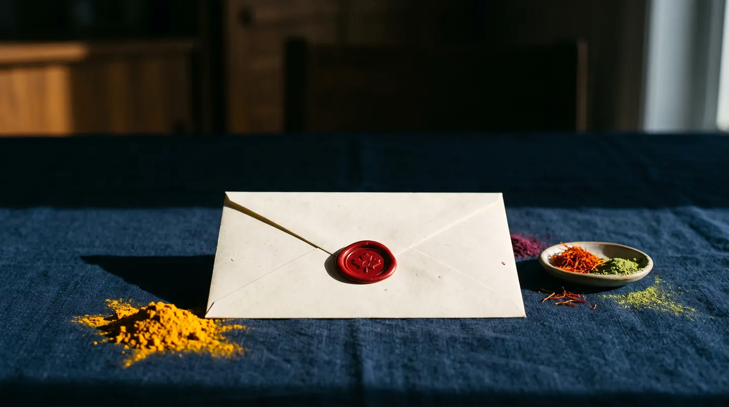 A sealed cream envelope with a red wax seal standing on dark indigo cloth in a shaft of window light, a small heap of turmeric to one side and a dish of saffron and matcha to the other.