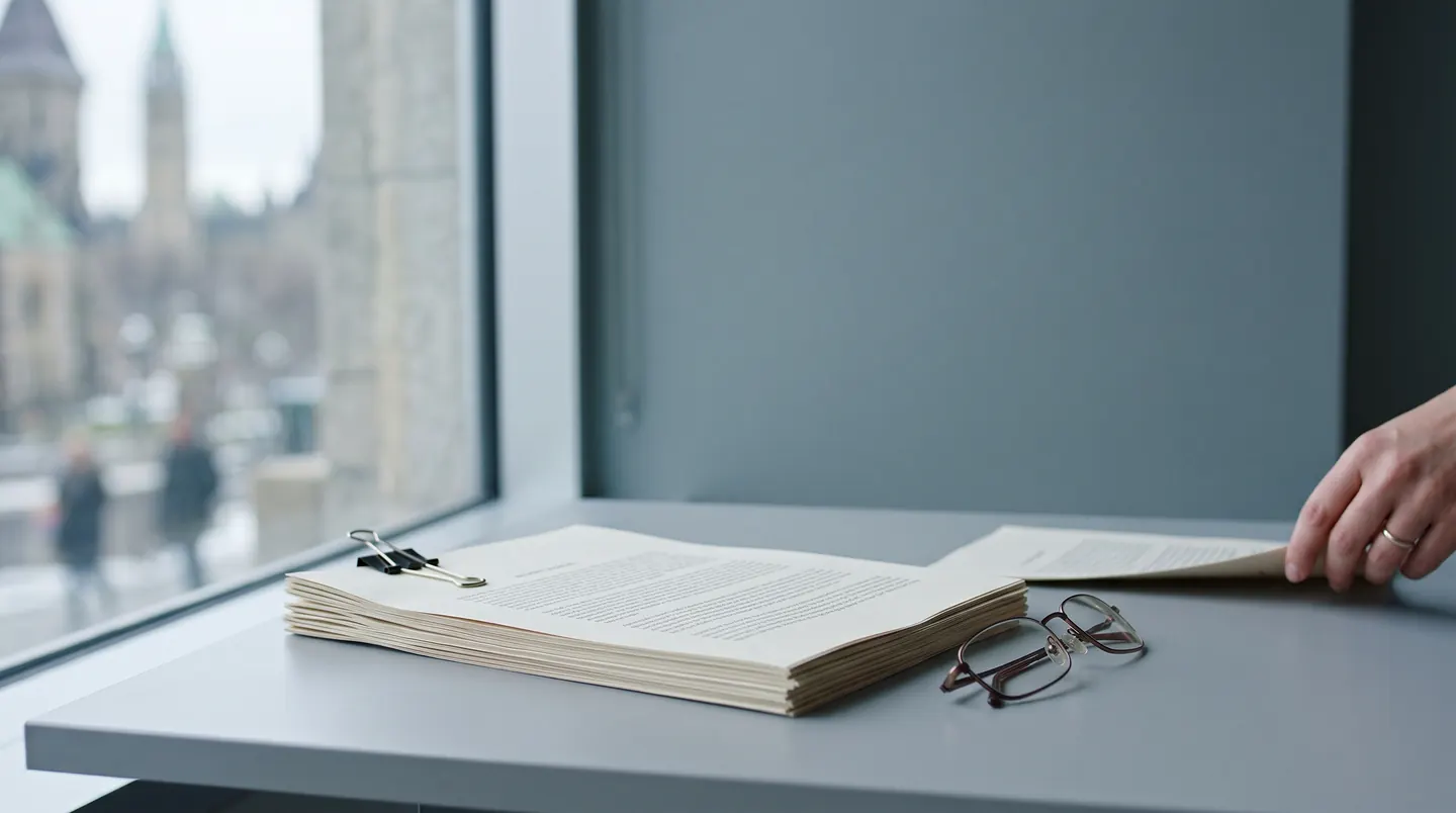 A thick printed document open on a pale desk by a window, a bulldog clip on the near end and reading glasses beside it, a hand turning a page, the Parliament roofline out of focus outside.