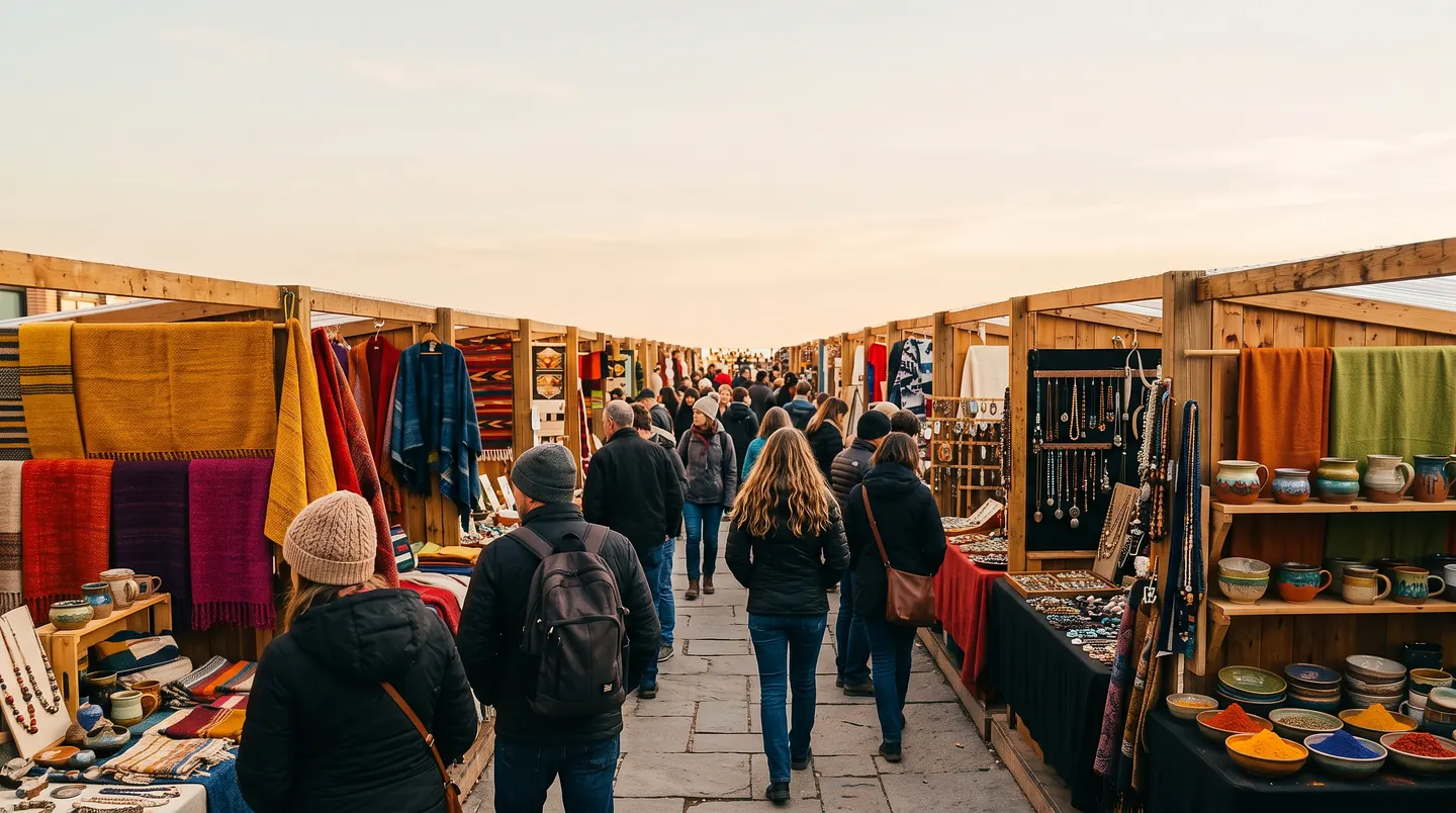 A market lane of open wooden stalls at dusk, blankets and woven textiles hung along one side, jewellery and glazed pottery on the other, shoppers in coats walking away down the middle.