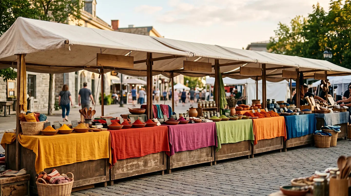 A row of trestle stalls under a long white canopy on a cobbled square, tables covered in yellow, red, pink, green, orange and blue cloth and laid with bowls, ground spices, wooden spoons and jars.