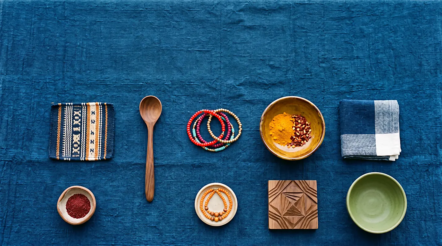 An overhead grid on indigo linen: a woven band, a carved wooden spoon, strings of beads, a brass bowl of turmeric and chilli flakes, a folded indigo-dyed cloth, a carved wooden block and a green glazed bowl.