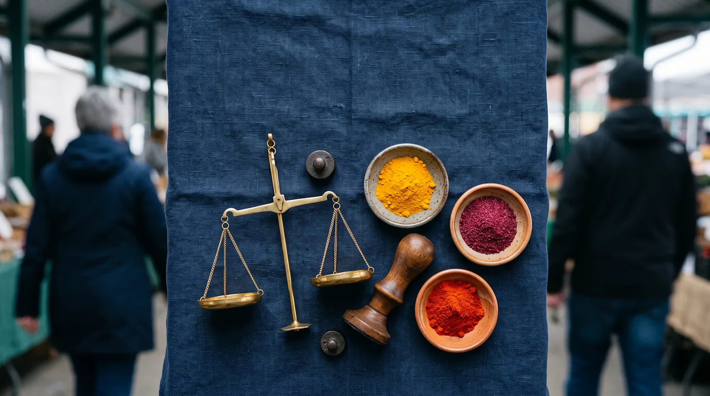 A brass balance scale and two weights on indigo cloth spread over a market table, bowls of turmeric, sumac and chilli and a wooden stamp beside them, two shoppers passing out of focus on either side.
