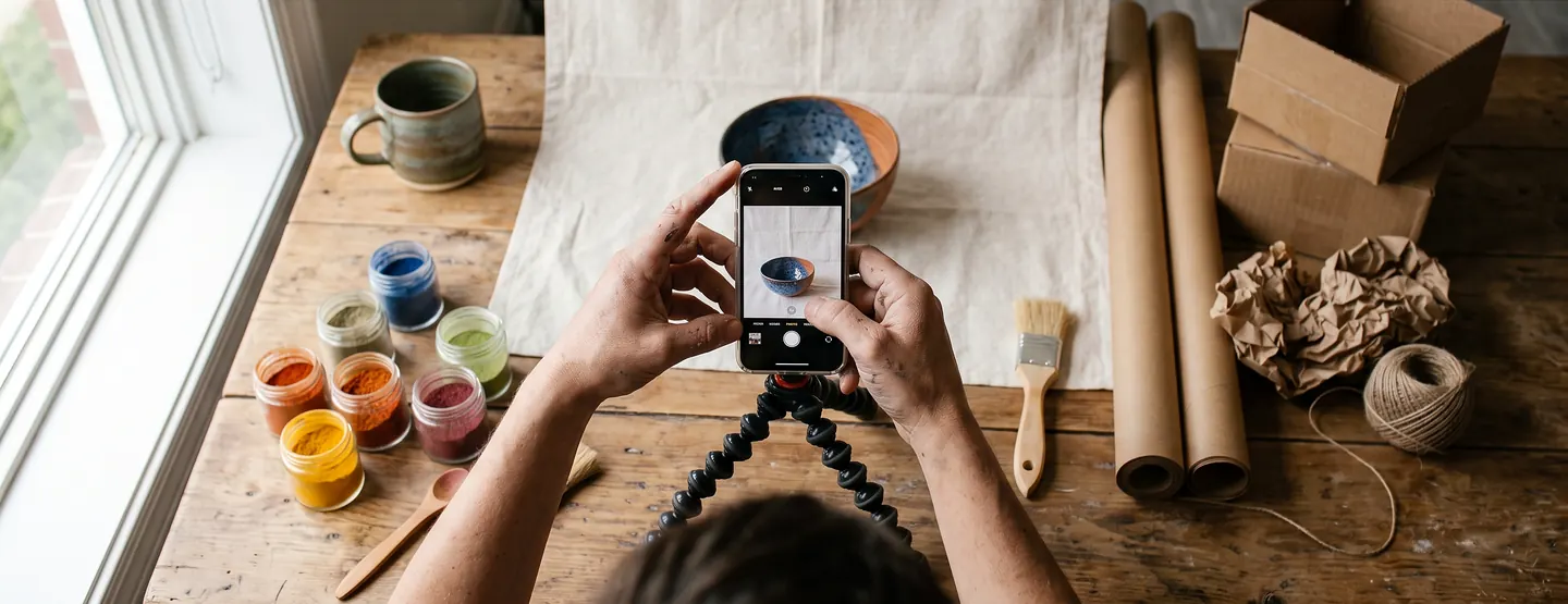 Seen from above, a maker photographing a glazed bowl with a phone on a small tripod, jars of pigment to the left, a brush, rolls of kraft paper, flat boxes and a ball of twine to the right.