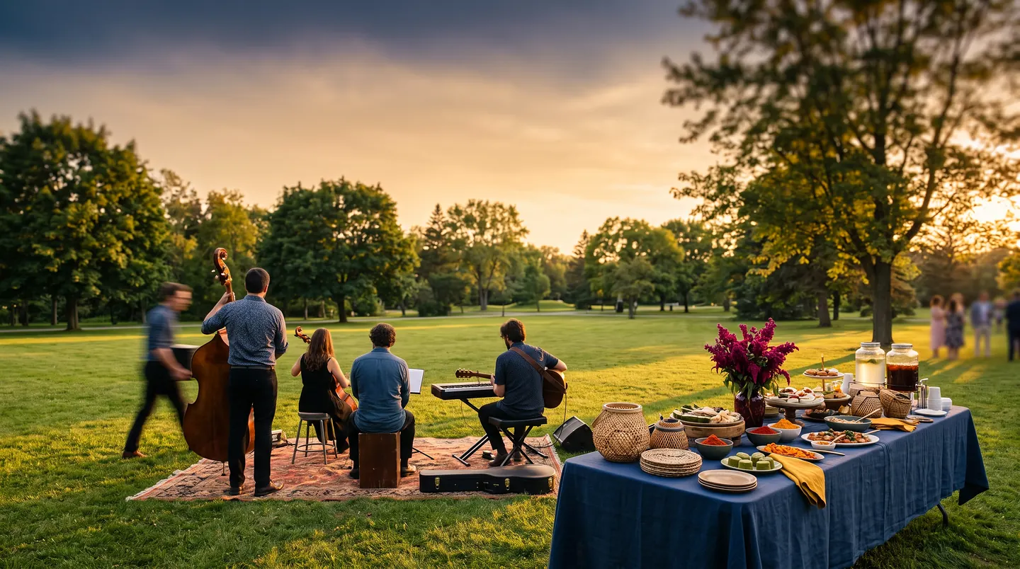 A string quintet playing on a rug on the grass at sunset while a long table dressed in indigo is laid with baskets, bowls and platters, a jar of iced drink at the end and guests arriving in the distance.