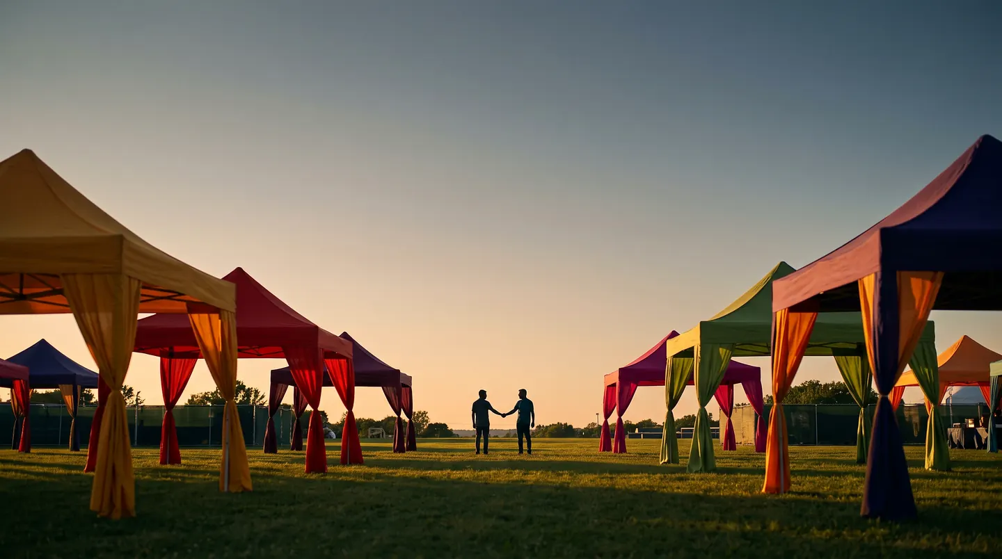 Two people meeting to shake hands in the open ground between two facing rows of coloured canopies at sunset, their silhouettes small against an empty sky.