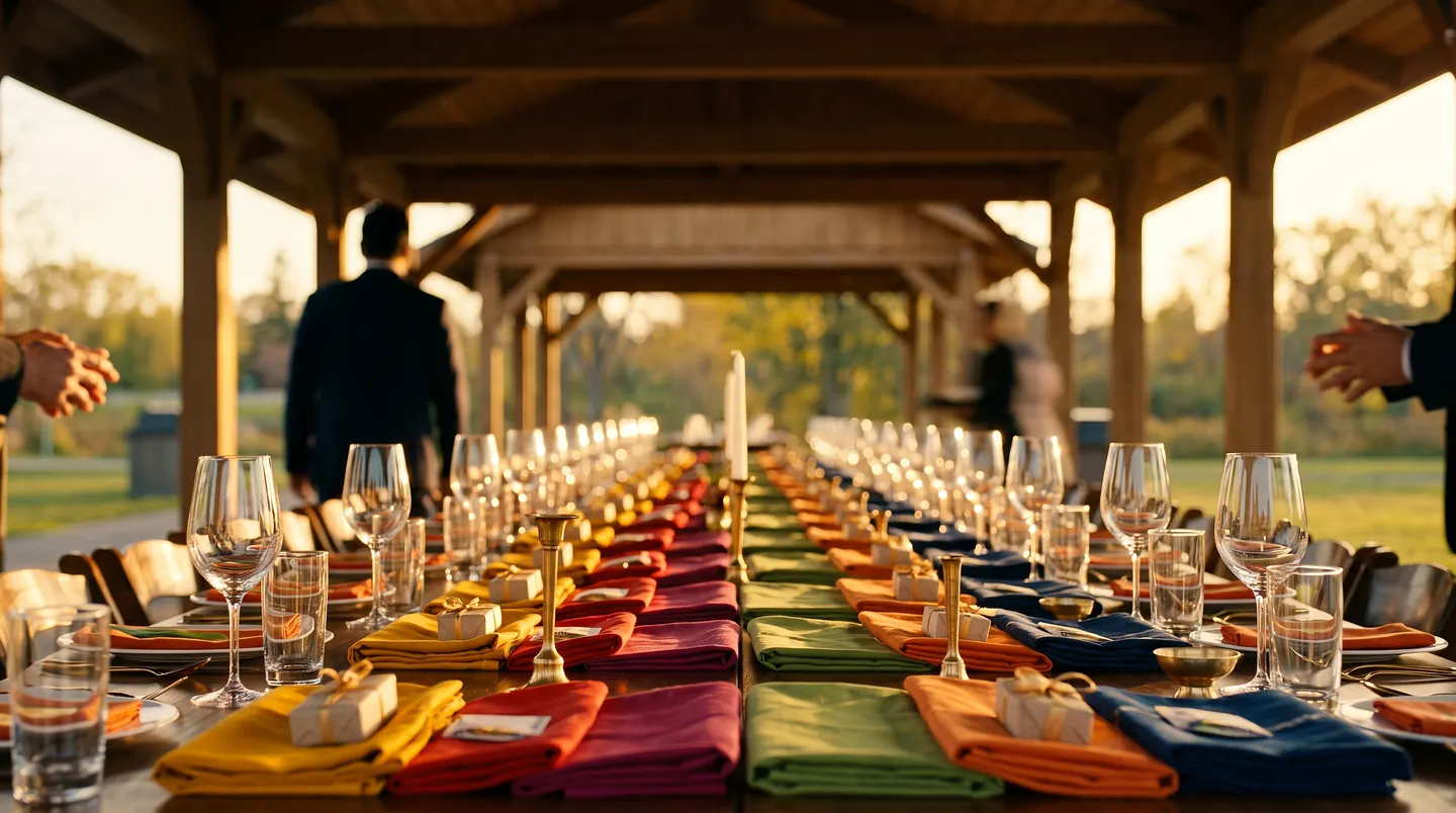 A long banquet table set under a timber pavilion at golden hour, napkins alternating yellow, red, green, orange and indigo down its length, candles and glassware, guests arriving at the far end.
