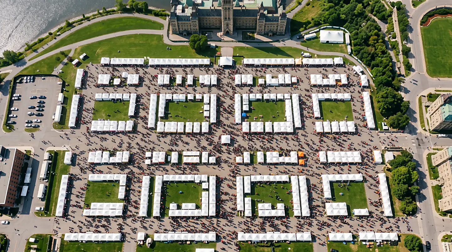 A straight-down aerial of a marquee city laid out in blocks on a paved plaza beside the river, thousands of people moving along the lanes between the white tents, a stone parliamentary building at the top of the frame.