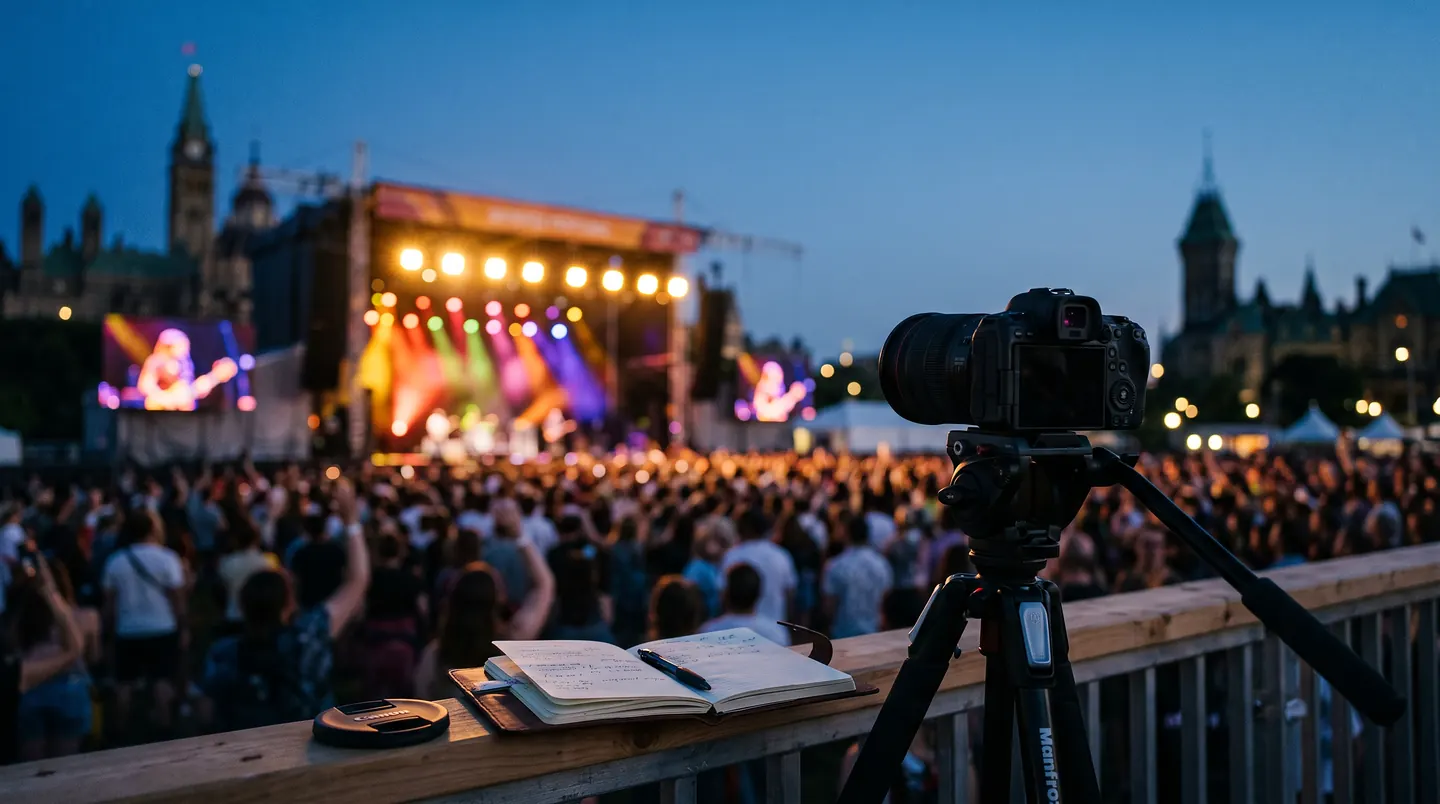 A camera on a tripod set up on a wooden platform above a night crowd and a lit stage, an open reporter's notebook and pen on the rail beside it, the Parliament towers on the skyline.