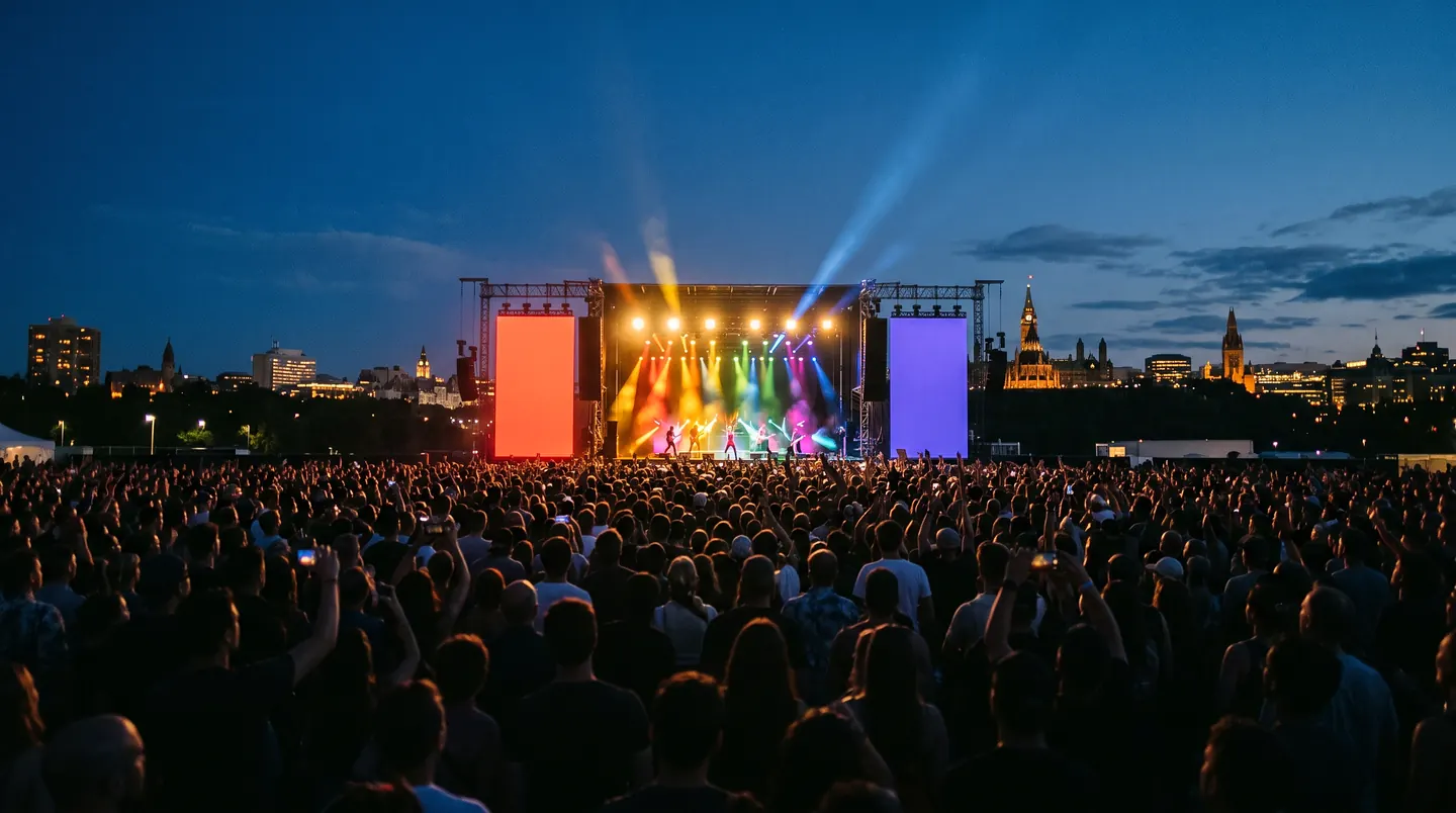 A dense crowd filling a field at night in front of a wide lit stage flanked by two glowing screens, beams of colour sweeping over the audience and the Parliament skyline along the horizon.