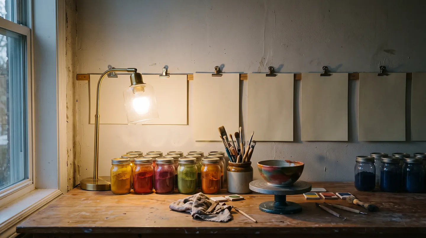 A workbench under a window in winter light with rows of jars of coloured dye, a jar of brushes, a wooden turntable holding a marbled bowl, and blank sheets of paper clipped in a row along the wall behind.