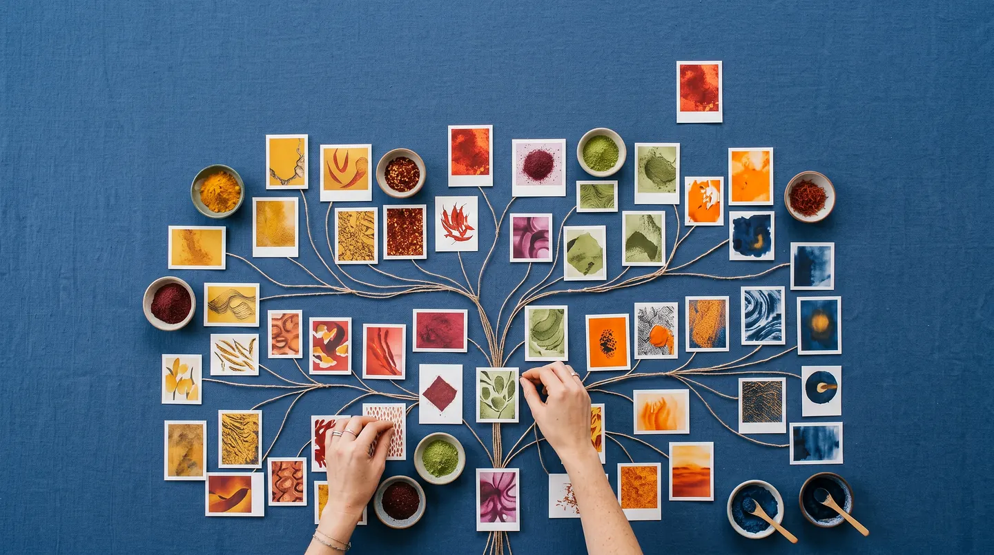 Small printed cards of coloured spice and dyed cloth arranged on indigo linen as a branching tree with twigs for branches, bowls of turmeric, sumac and matcha around the edges, two hands placing a card at the centre.