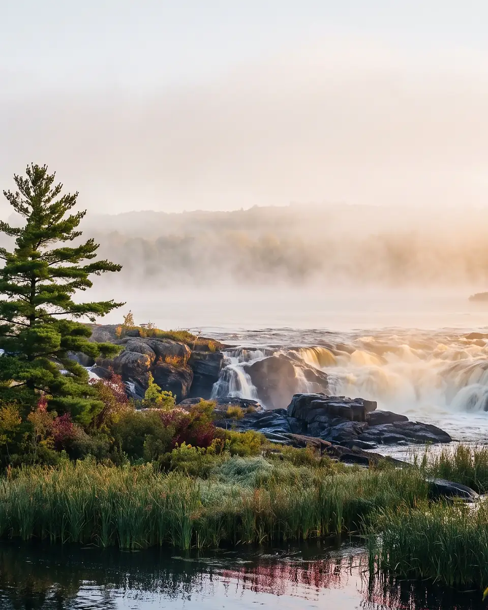 A white pine standing over rock ledges at a river's edge, mist lying across the falls and the far bank behind it.