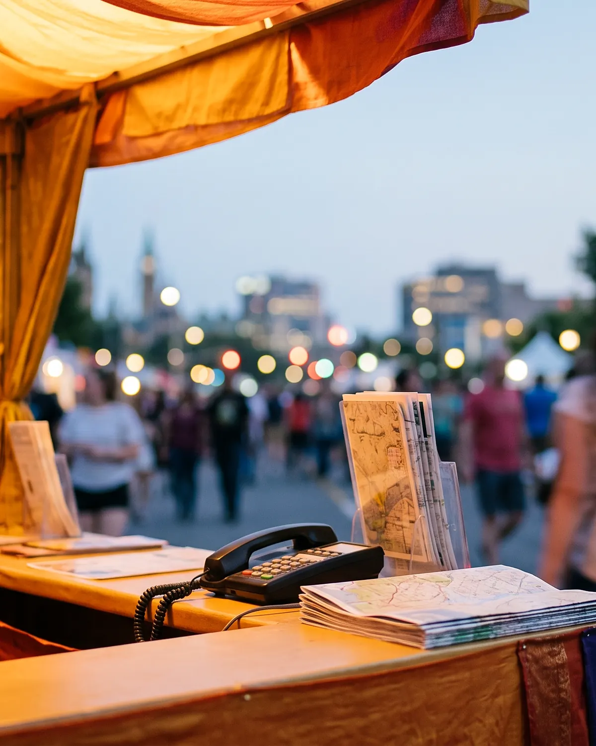 An information booth under a draped canopy at dusk, a corded telephone, stacks of leaflets and a folded plan on the counter.