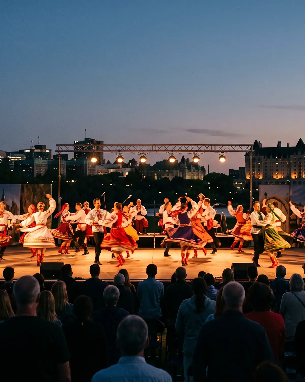 Dancers in embroidered costume mid-turn across a lit outdoor stage at dusk, the audience watching from the grass in the foreground, the Parliament towers and a copper-roofed hotel on the skyline.