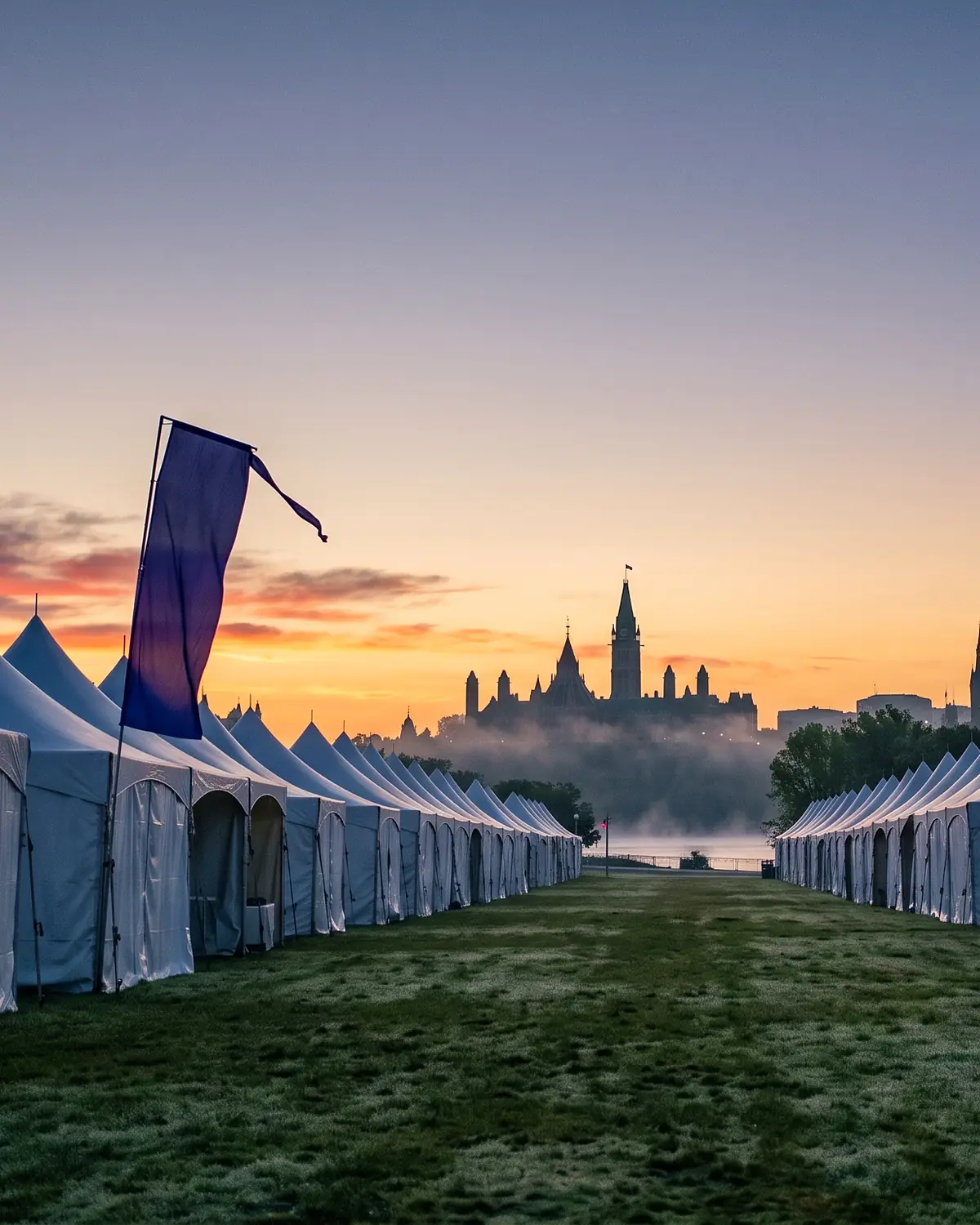 Two rows of empty white peaked tents facing each other down a grass avenue at dawn, a single indigo banner hanging still, mist over the river and the Parliament towers silhouetted at the end.