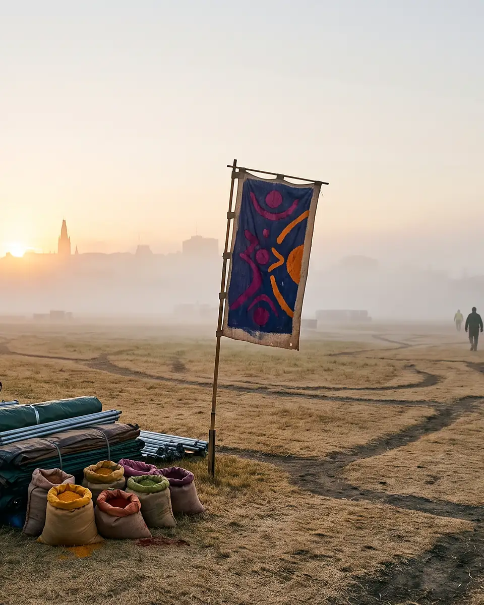 A patterned banner standing on its pole over a field in ground mist at sunrise, sacks of coloured pigment and bundled tent poles below it.