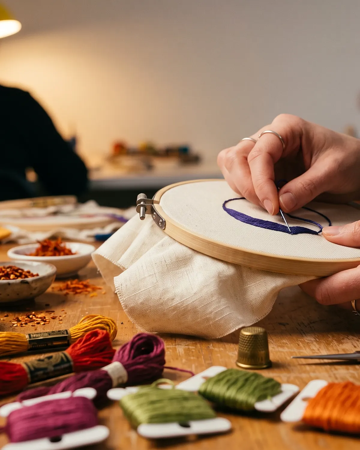 Hands holding an embroidery hoop with a purple stitch half finished, skeins of pink, red, green and orange thread, small dishes of turmeric and chilli and a pair of scissors across the workbench, others working in the background.