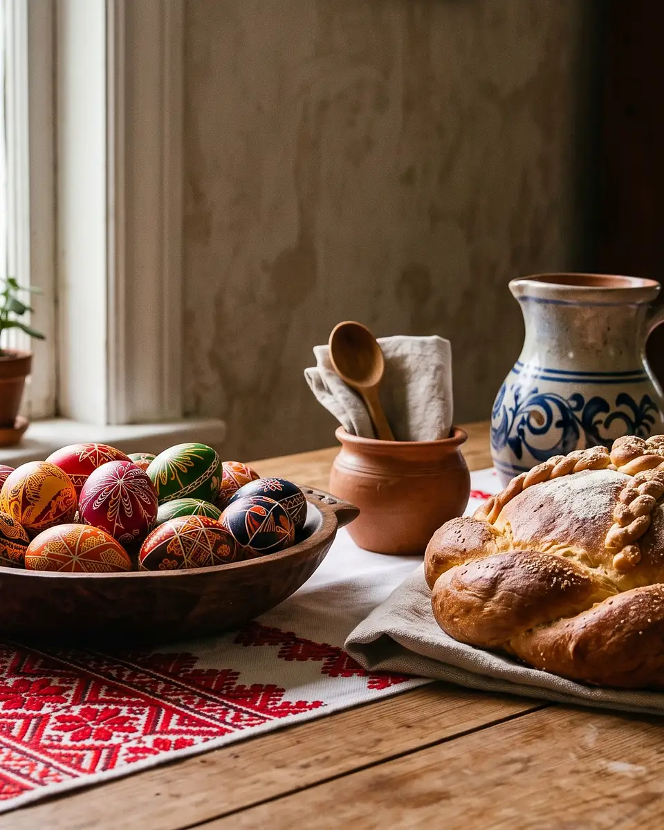 A kitchen table under a woven runner by a window: a blue-and-white glazed jug, wooden spoons standing in a clay pot, a bowl of painted eggs and a braided loaf.