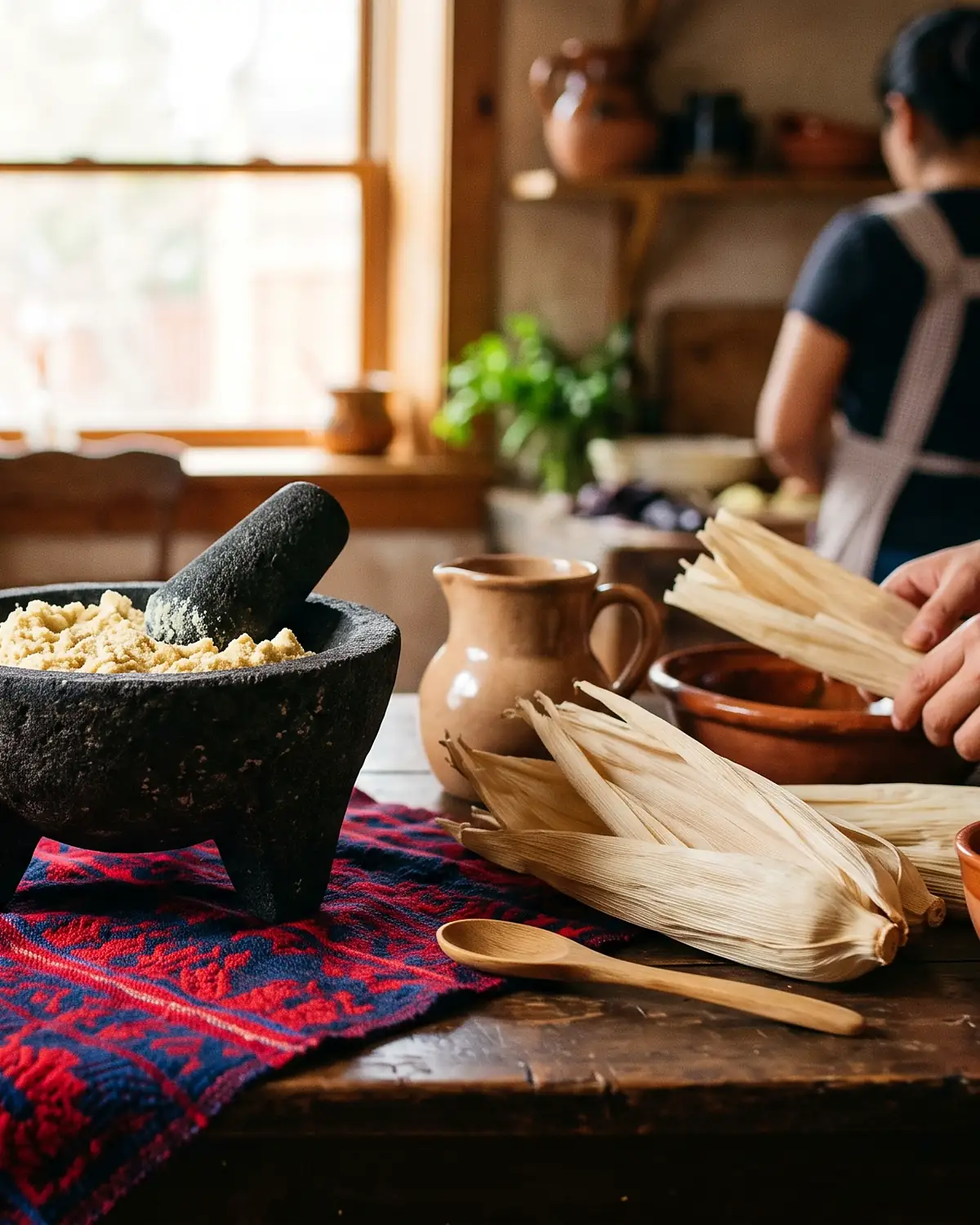 A stone mortar of masa on a woven cloth with dried corn husks stacked beside it and clay dishes of ground spices in front.