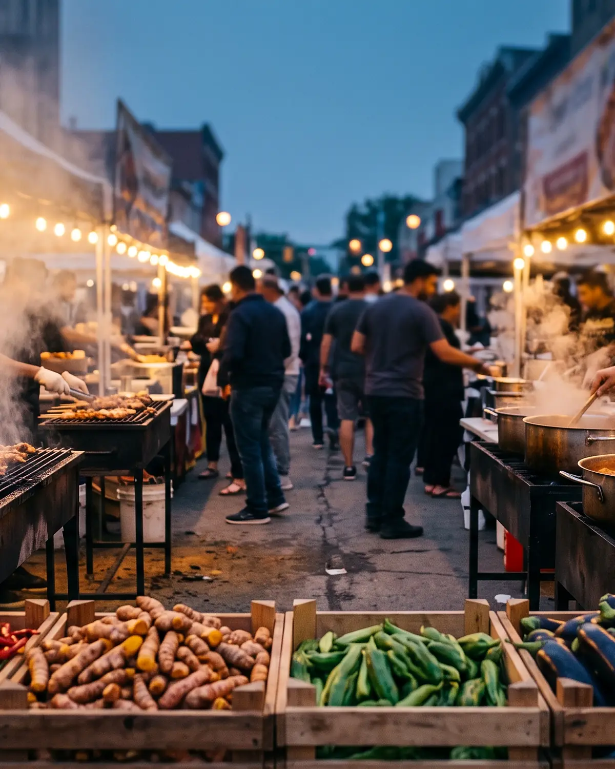 Two facing rows of food stalls at dusk, skewers over a charcoal grill and a deep pot of red stew being stirred, steam rising into bulb light, crates of chillies, ginger, okra, aubergines and onions along the front.