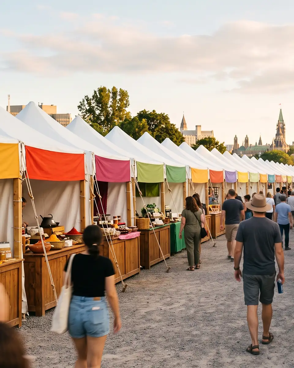 A long row of open-fronted market tents in low evening sun, each under a different coloured awning, goods laid out on wooden counters, visitors walking the gravel lane with the Parliament roofline behind the trees.