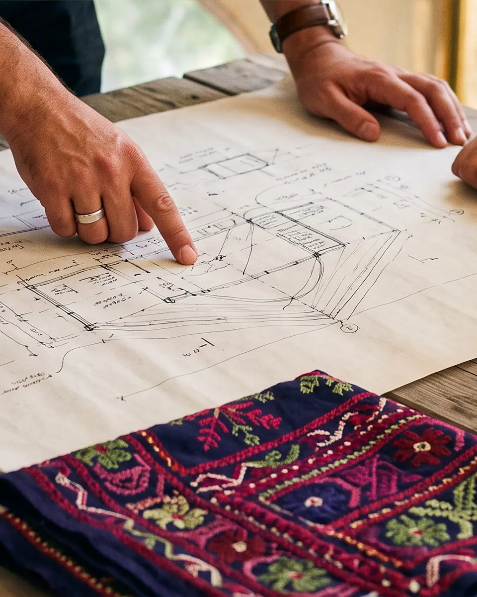 Four pairs of hands around a hand-drawn pavilion plan on a trestle table under a tent, an embroidered cloth folded at the near edge and a tray of tea glasses and pastries to the right.