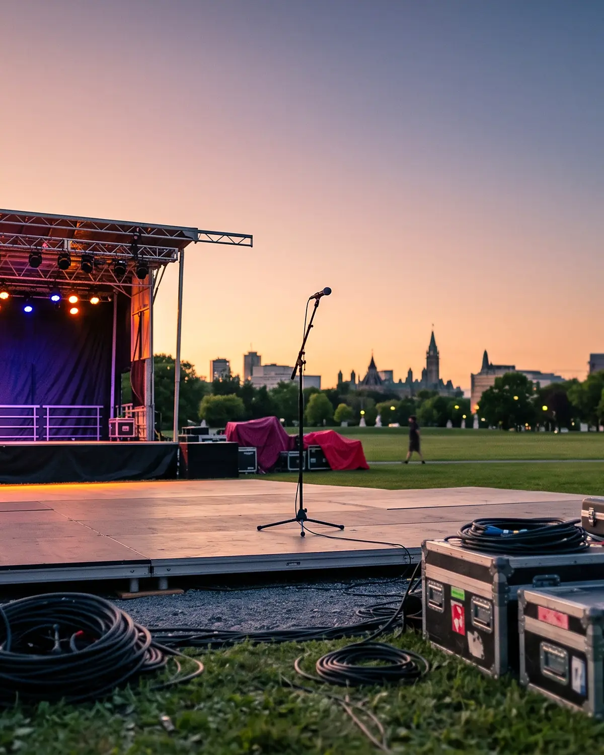 A small stage lit purple and amber at sunset with a single microphone stand at its centre, flight cases and coiled cable on the grass in front, the Parliament skyline low on the horizon.