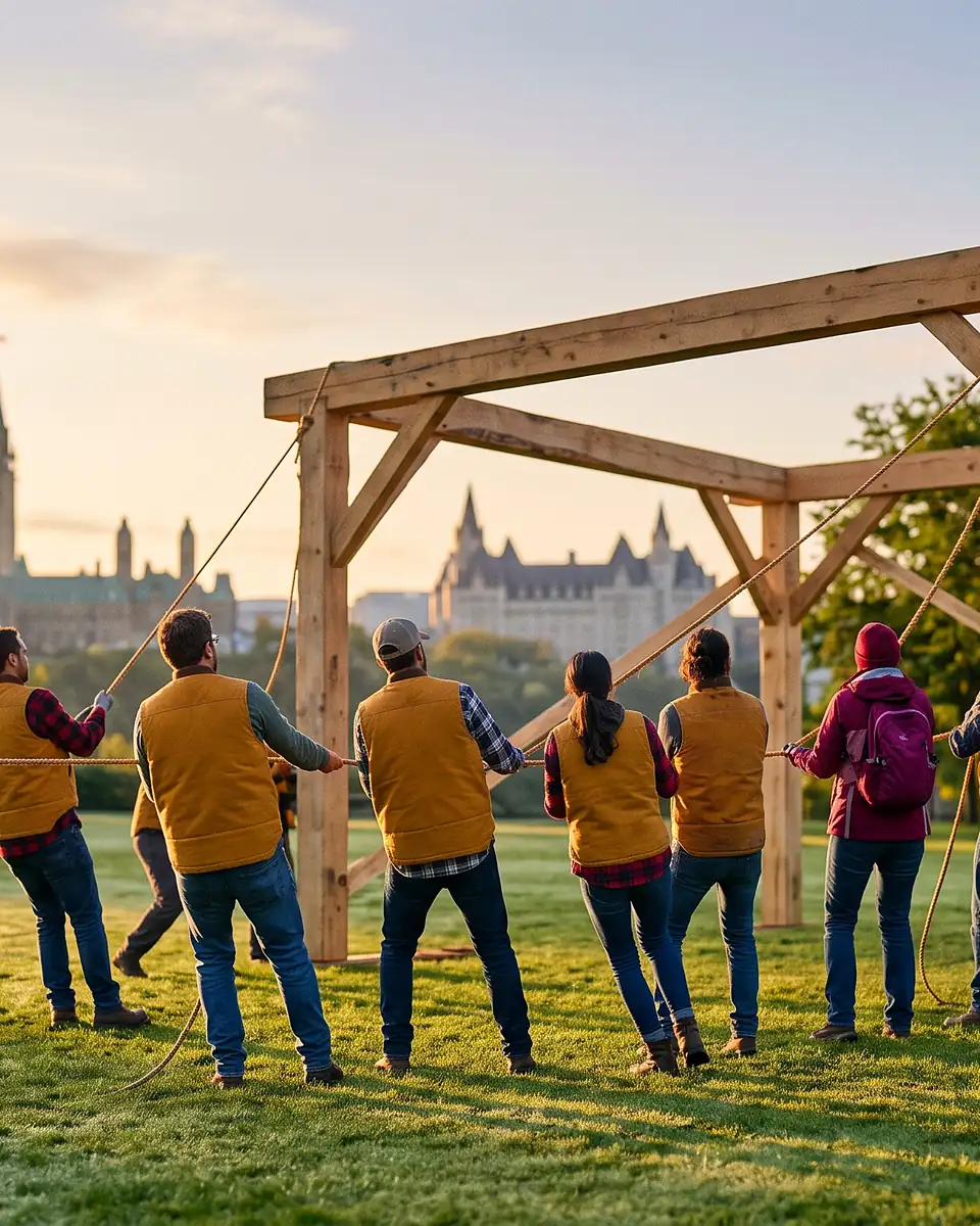 A line of people in yellow vests hauling on ropes to raise a heavy timber frame on the grass at sunrise, the Parliament towers on the skyline behind them.