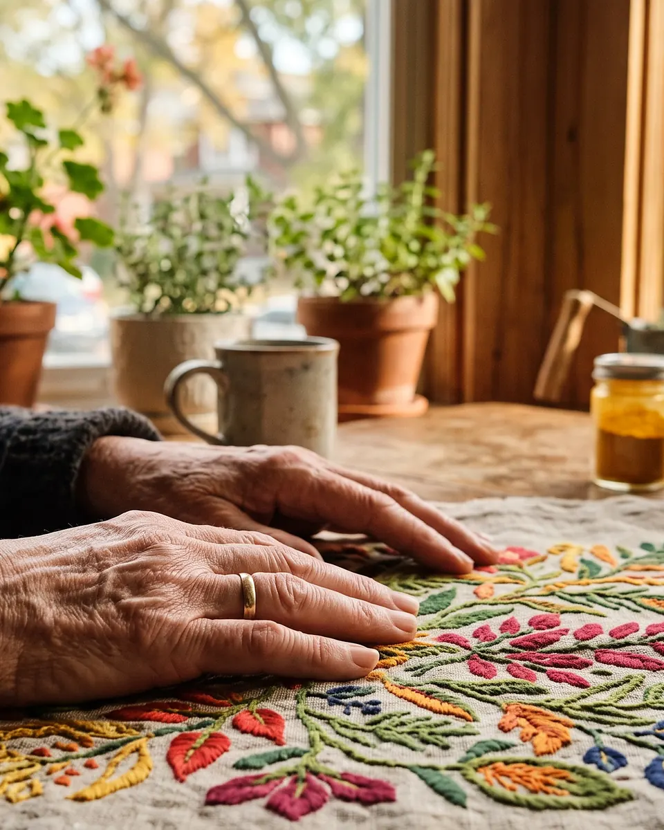 An older person's hands resting on a linen cloth embroidered in bright floral colours at a window table, small jars of turmeric, saffron and sumac behind.