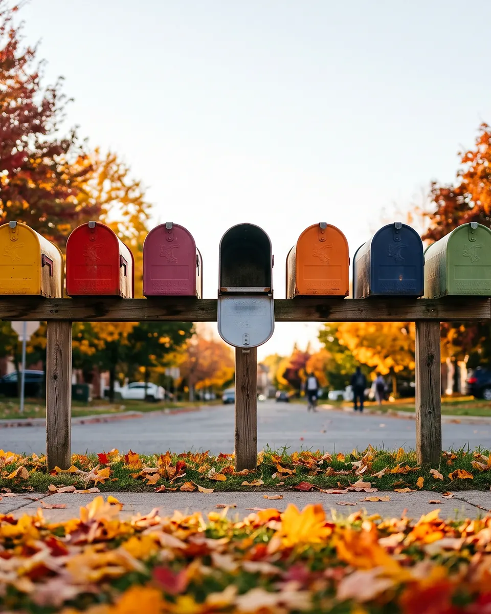 Painted letterboxes on a wooden rail at the kerb of a suburban street, one of them standing open, fallen maple leaves on the grass below.