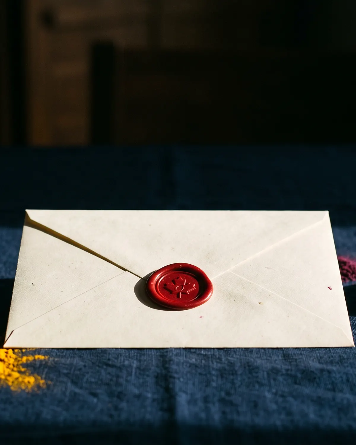 A sealed cream envelope with a red wax seal standing on dark indigo cloth in a shaft of window light, a small heap of turmeric to one side and a dish of saffron and matcha to the other.