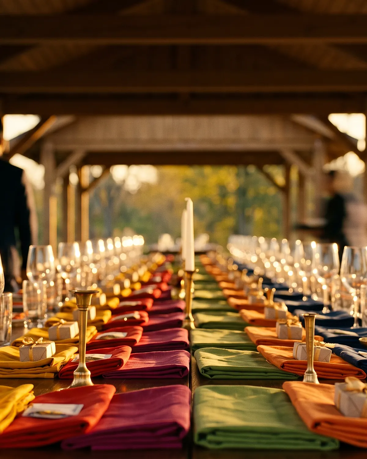 A long banquet table set under a timber pavilion at golden hour, napkins alternating yellow, red, green, orange and indigo down its length, candles and glassware on the cloth.