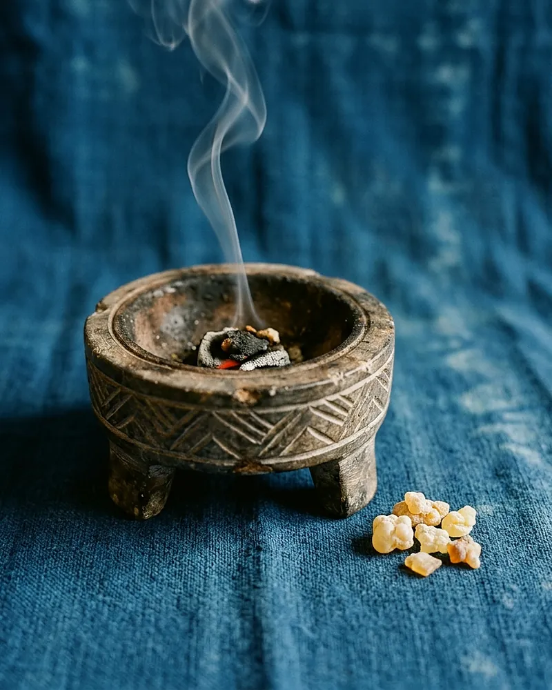 a carved three-legged stone incense burner with a chevron band round its rim, charcoal glowing inside and a thread of smoke rising, a scatter of pale frankincense resin on the indigo cloth beside it