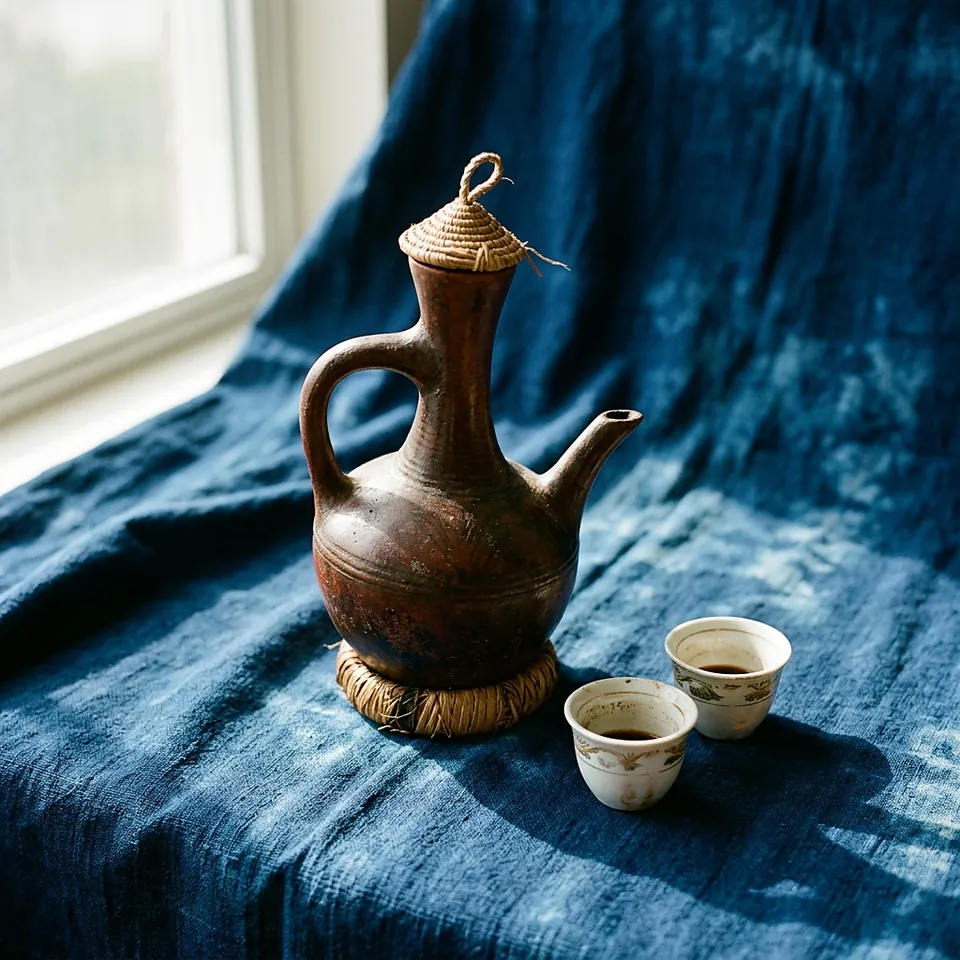 a dark red-brown clay coffee pot with a long neck, a woven straw cap and a straw ring stand, two small white cups of black coffee beside it, indigo cloth and a bright window behind