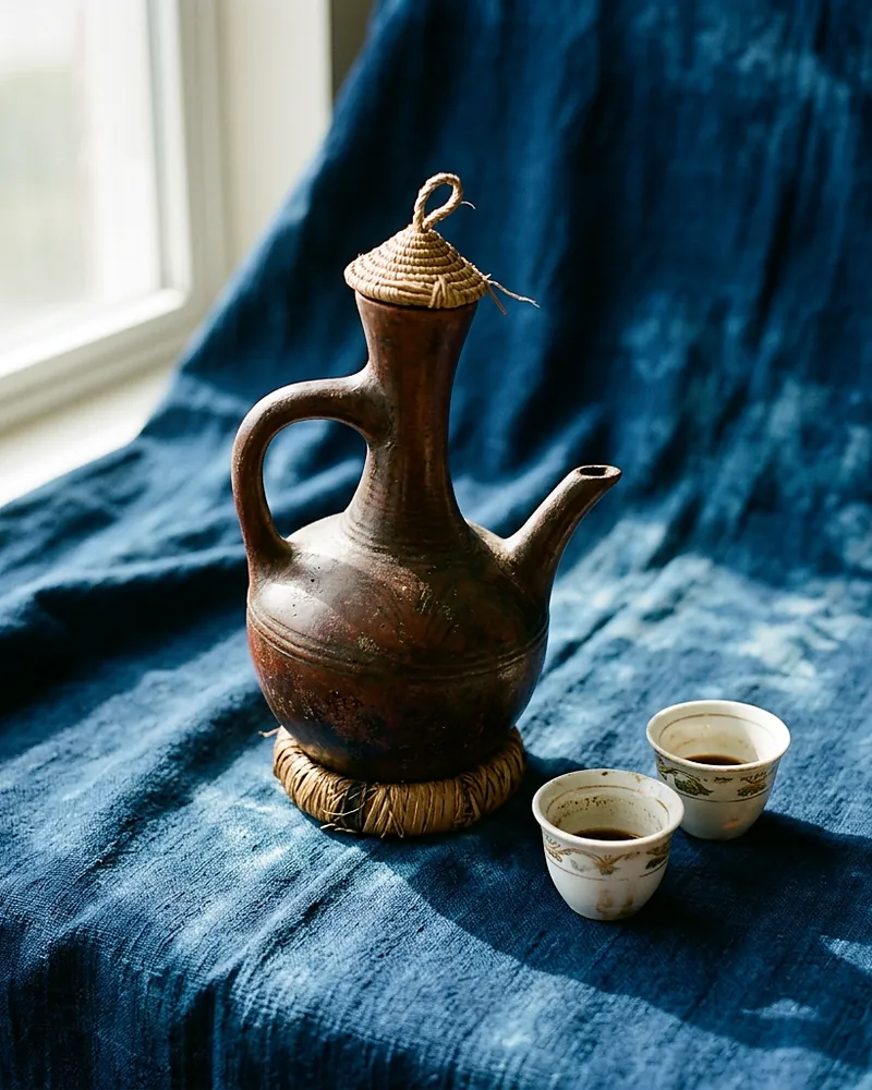 a dark red-brown clay coffee pot with a long neck, a woven straw cap and a straw ring stand, two small white cups of black coffee beside it, indigo cloth and a bright window behind
