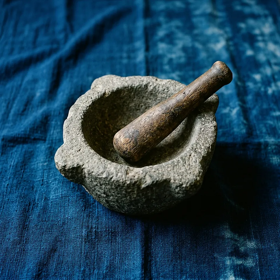 a rough grey stone mortar with a turned wooden pestle laid across it, on indigo-dyed cloth