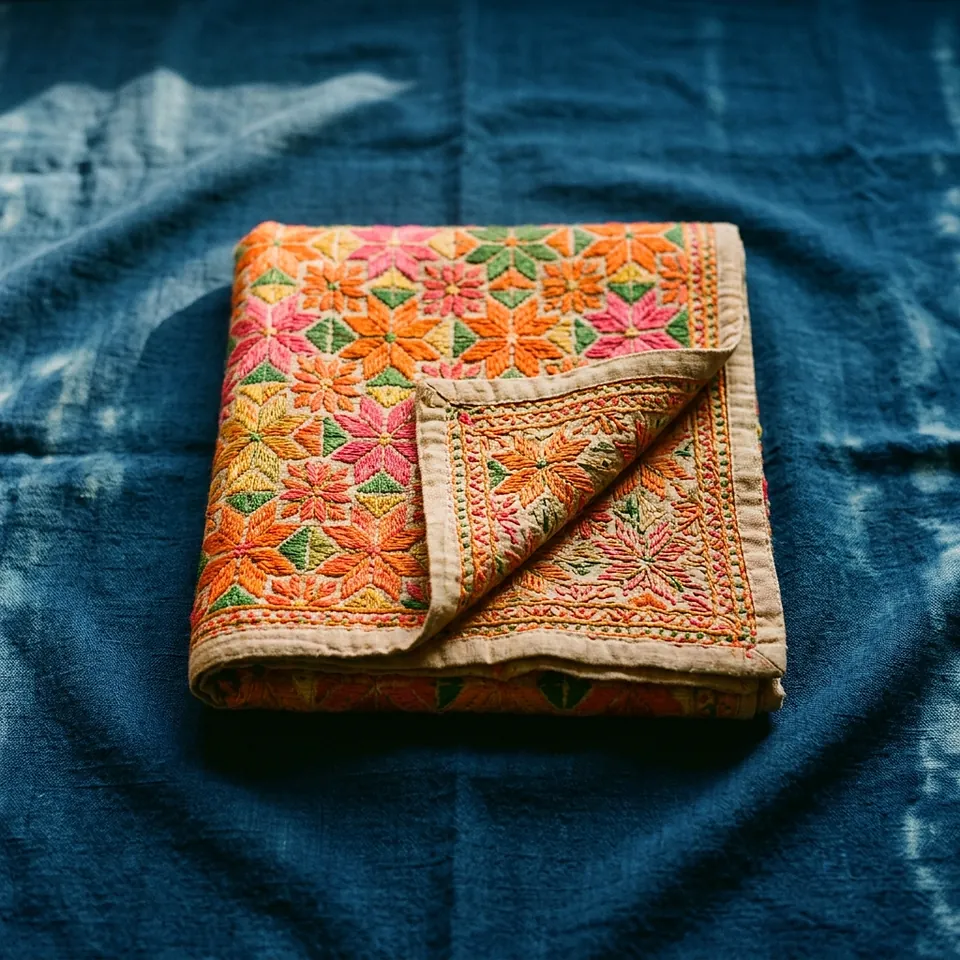 a folded cloth on indigo covered edge to edge in orange, pink, green and yellow floss-silk star-flowers, one corner turned back to show the reverse and the plain woven border