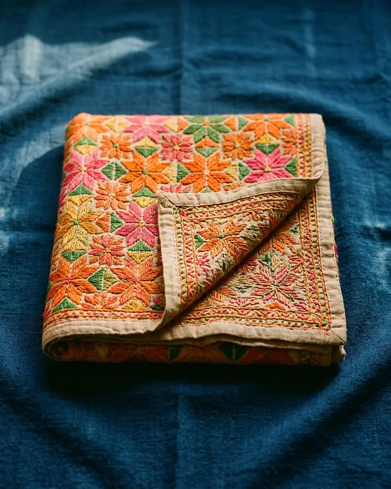 a folded cloth on indigo covered edge to edge in orange, pink, green and yellow floss-silk star-flowers, one corner turned back to show the reverse and the plain woven border