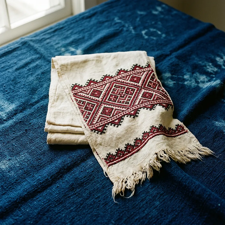 a folded cream linen cloth on indigo, embroidered in red and black cross-stitch with a large diamond medallion and a zigzag border, knotted fringe at the near end, window light from the left