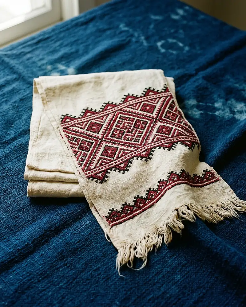 a folded cream linen cloth on indigo, embroidered in red and black cross-stitch with a large diamond medallion and a zigzag border, knotted fringe at the near end, window light from the left