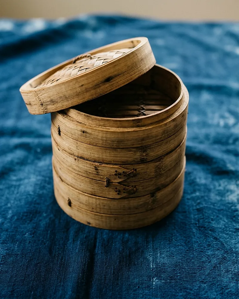 a two-tier bamboo steamer on indigo cloth with its woven lid tipped against the rim, the stitched bamboo bands and their dark bindings showing on the sides