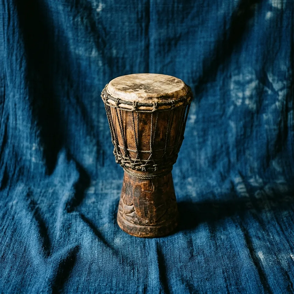 a goblet-shaped wooden drum with a hide head lashed on with rope, the carved waist and foot below, standing against a hanging indigo cloth
