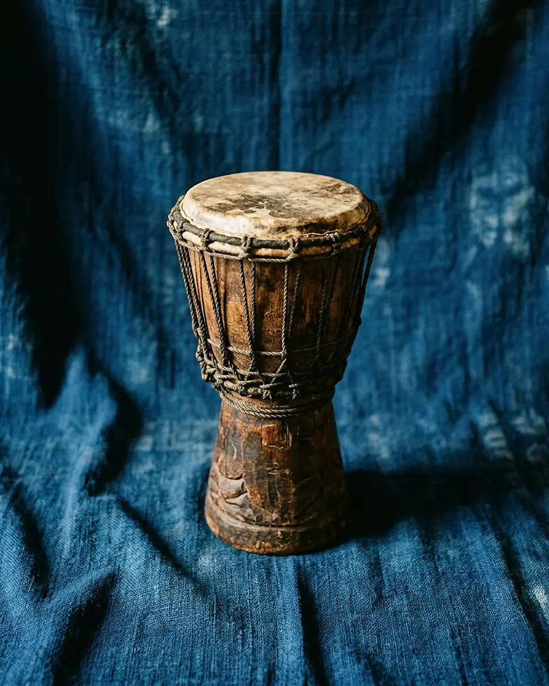 a goblet-shaped wooden drum with a hide head lashed on with rope, the carved waist and foot below, standing against a hanging indigo cloth